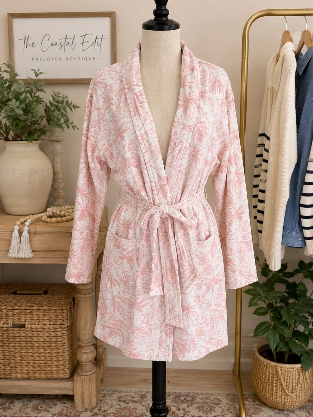 UGG Pink White Botanical Cotton Belted Robe XL Lightweight Kimono